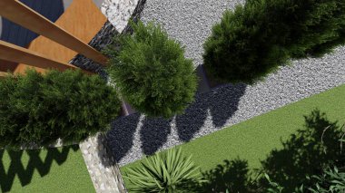 Memleketin peyzaj tasarımının 3 boyutlu görüntüsü. Bölgenin peyzajı. Birleşik peyzaj ve peyzaj çözümlerinin bilgisayar görselleştirmesi.