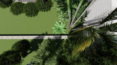 Memleketin peyzaj tasarımının 3 boyutlu görüntüsü. Bölgenin peyzajı. Birleşik peyzaj ve peyzaj çözümlerinin bilgisayar görselleştirmesi.