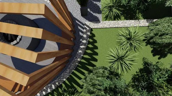 Memleketin peyzaj tasarımının 3 boyutlu görüntüsü. Bölgenin peyzajı. Birleşik peyzaj ve peyzaj çözümlerinin bilgisayar görselleştirmesi.