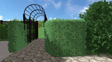 Memleketin peyzaj tasarımının 3 boyutlu görüntüsü. Bölgenin peyzajı. Birleşik peyzaj ve peyzaj çözümlerinin bilgisayar görselleştirmesi.