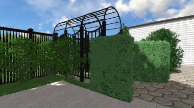 Memleketin peyzaj tasarımının 3 boyutlu görüntüsü. Bölgenin peyzajı. Birleşik peyzaj ve peyzaj çözümlerinin bilgisayar görselleştirmesi.