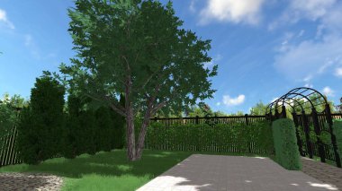 Memleketin peyzaj tasarımının 3 boyutlu görüntüsü. Bölgenin peyzajı. Birleşik peyzaj ve peyzaj çözümlerinin bilgisayar görselleştirmesi.