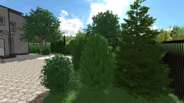 Memleketin peyzaj tasarımının 3 boyutlu görüntüsü. Bölgenin peyzajı. Birleşik peyzaj ve peyzaj çözümlerinin bilgisayar görselleştirmesi.