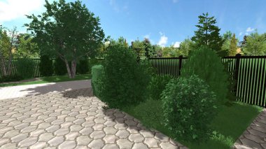 Memleketin peyzaj tasarımının 3 boyutlu görüntüsü. Bölgenin peyzajı. Birleşik peyzaj ve peyzaj çözümlerinin bilgisayar görselleştirmesi.