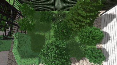 Memleketin peyzaj tasarımının 3 boyutlu görüntüsü. Bölgenin peyzajı. Birleşik peyzaj ve peyzaj çözümlerinin bilgisayar görselleştirmesi.