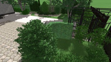 Memleketin peyzaj tasarımının 3 boyutlu görüntüsü. Bölgenin peyzajı. Birleşik peyzaj ve peyzaj çözümlerinin bilgisayar görselleştirmesi.