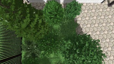 Memleketin peyzaj tasarımının 3 boyutlu görüntüsü. Bölgenin peyzajı. Birleşik peyzaj ve peyzaj çözümlerinin bilgisayar görselleştirmesi.