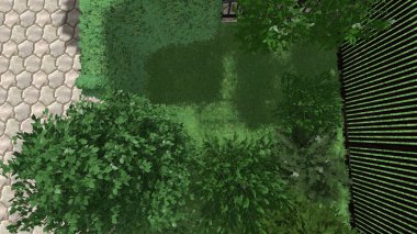 Memleketin peyzaj tasarımının 3 boyutlu görüntüsü. Bölgenin peyzajı. Birleşik peyzaj ve peyzaj çözümlerinin bilgisayar görselleştirmesi.