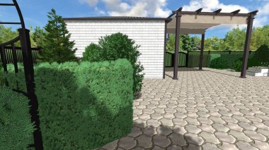 Memleketin peyzaj tasarımının 3 boyutlu görüntüsü. Bölgenin peyzajı. Birleşik peyzaj ve peyzaj çözümlerinin bilgisayar görselleştirmesi.