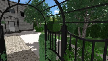 Memleketin peyzaj tasarımının 3 boyutlu görüntüsü. Bölgenin peyzajı. Birleşik peyzaj ve peyzaj çözümlerinin bilgisayar görselleştirmesi.