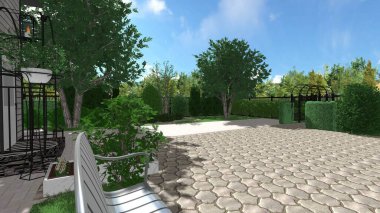 Memleketin peyzaj tasarımının 3 boyutlu görüntüsü. Bölgenin peyzajı. Birleşik peyzaj ve peyzaj çözümlerinin bilgisayar görselleştirmesi.