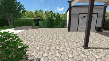 Memleketin peyzaj tasarımının 3 boyutlu görüntüsü. Bölgenin peyzajı. Birleşik peyzaj ve peyzaj çözümlerinin bilgisayar görselleştirmesi.