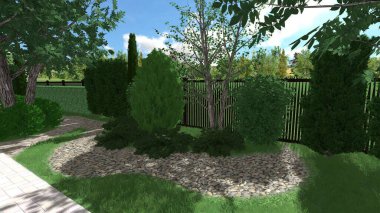 Memleketin peyzaj tasarımının 3 boyutlu görüntüsü. Bölgenin peyzajı. Birleşik peyzaj ve peyzaj çözümlerinin bilgisayar görselleştirmesi.