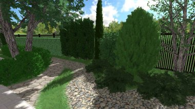 Memleketin peyzaj tasarımının 3 boyutlu görüntüsü. Bölgenin peyzajı. Birleşik peyzaj ve peyzaj çözümlerinin bilgisayar görselleştirmesi.