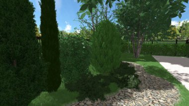 Memleketin peyzaj tasarımının 3 boyutlu görüntüsü. Bölgenin peyzajı. Birleşik peyzaj ve peyzaj çözümlerinin bilgisayar görselleştirmesi.