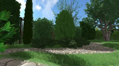 Memleketin peyzaj tasarımının 3 boyutlu görüntüsü. Bölgenin peyzajı. Birleşik peyzaj ve peyzaj çözümlerinin bilgisayar görselleştirmesi.