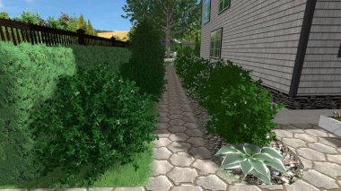 Memleketin peyzaj tasarımının 3 boyutlu görüntüsü. Bölgenin peyzajı. Birleşik peyzaj ve peyzaj çözümlerinin bilgisayar görselleştirmesi.