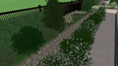 Memleketin peyzaj tasarımının 3 boyutlu görüntüsü. Bölgenin peyzajı. Birleşik peyzaj ve peyzaj çözümlerinin bilgisayar görselleştirmesi.