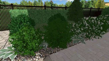 Memleketin peyzaj tasarımının 3 boyutlu görüntüsü. Bölgenin peyzajı. Birleşik peyzaj ve peyzaj çözümlerinin bilgisayar görselleştirmesi.