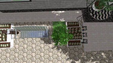 Memleketin peyzaj tasarımının 3 boyutlu görüntüsü. Bölgenin peyzajı. Birleşik peyzaj ve peyzaj çözümlerinin bilgisayar görselleştirmesi.