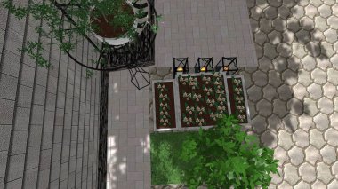 Memleketin peyzaj tasarımının 3 boyutlu görüntüsü. Bölgenin peyzajı. Birleşik peyzaj ve peyzaj çözümlerinin bilgisayar görselleştirmesi.