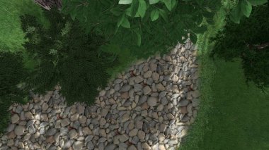 Memleketin peyzaj tasarımının 3 boyutlu görüntüsü. Bölgenin peyzajı. Birleşik peyzaj ve peyzaj çözümlerinin bilgisayar görselleştirmesi.