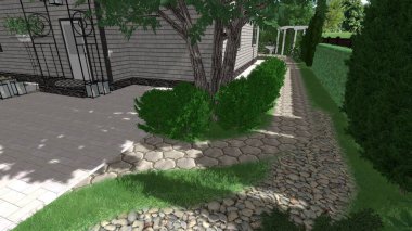 Memleketin peyzaj tasarımının 3 boyutlu görüntüsü. Bölgenin peyzajı. Birleşik peyzaj ve peyzaj çözümlerinin bilgisayar görselleştirmesi.