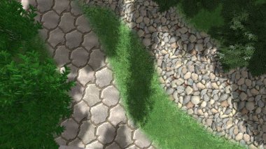 Memleketin peyzaj tasarımının 3 boyutlu görüntüsü. Bölgenin peyzajı. Birleşik peyzaj ve peyzaj çözümlerinin bilgisayar görselleştirmesi.