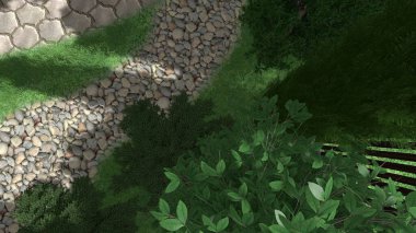 Memleketin peyzaj tasarımının 3 boyutlu görüntüsü. Bölgenin peyzajı. Birleşik peyzaj ve peyzaj çözümlerinin bilgisayar görselleştirmesi.