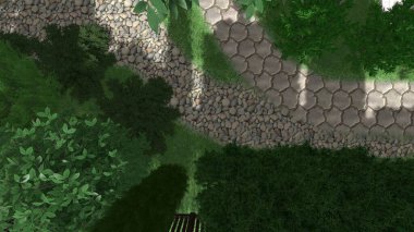 Memleketin peyzaj tasarımının 3 boyutlu görüntüsü. Bölgenin peyzajı. Birleşik peyzaj ve peyzaj çözümlerinin bilgisayar görselleştirmesi.