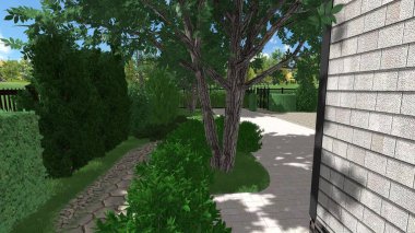 Memleketin peyzaj tasarımının 3 boyutlu görüntüsü. Bölgenin peyzajı. Birleşik peyzaj ve peyzaj çözümlerinin bilgisayar görselleştirmesi.