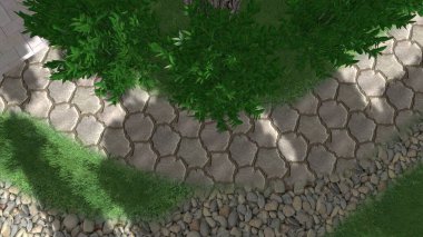 Memleketin peyzaj tasarımının 3 boyutlu görüntüsü. Bölgenin peyzajı. Birleşik peyzaj ve peyzaj çözümlerinin bilgisayar görselleştirmesi.