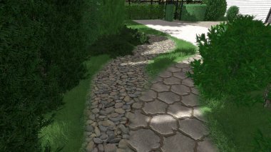 Memleketin peyzaj tasarımının 3 boyutlu görüntüsü. Bölgenin peyzajı. Birleşik peyzaj ve peyzaj çözümlerinin bilgisayar görselleştirmesi.