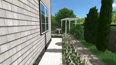 Memleketin peyzaj tasarımının 3 boyutlu görüntüsü. Bölgenin peyzajı. Birleşik peyzaj ve peyzaj çözümlerinin bilgisayar görselleştirmesi.