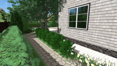 Memleketin peyzaj tasarımının 3 boyutlu görüntüsü. Bölgenin peyzajı. Birleşik peyzaj ve peyzaj çözümlerinin bilgisayar görselleştirmesi.