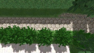 Memleketin peyzaj tasarımının 3 boyutlu görüntüsü. Bölgenin peyzajı. Birleşik peyzaj ve peyzaj çözümlerinin bilgisayar görselleştirmesi.