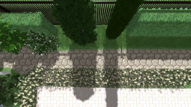 Memleketin peyzaj tasarımının 3 boyutlu görüntüsü. Bölgenin peyzajı. Birleşik peyzaj ve peyzaj çözümlerinin bilgisayar görselleştirmesi.