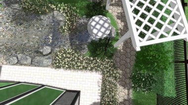 Memleketin peyzaj tasarımının 3 boyutlu görüntüsü. Bölgenin peyzajı. Birleşik peyzaj ve peyzaj çözümlerinin bilgisayar görselleştirmesi.