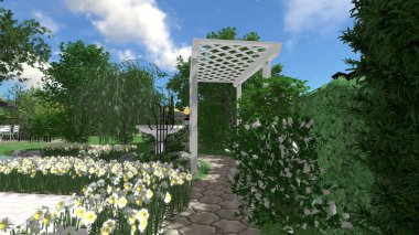 Memleketin peyzaj tasarımının 3 boyutlu görüntüsü. Bölgenin peyzajı. Birleşik peyzaj ve peyzaj çözümlerinin bilgisayar görselleştirmesi.