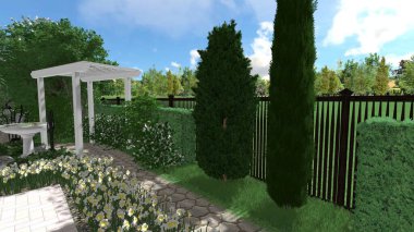 Memleketin peyzaj tasarımının 3 boyutlu görüntüsü. Bölgenin peyzajı. Birleşik peyzaj ve peyzaj çözümlerinin bilgisayar görselleştirmesi.