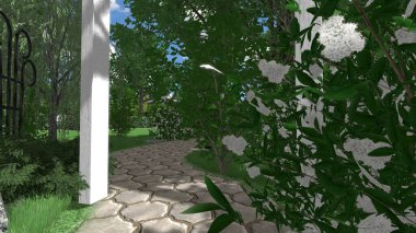 Memleketin peyzaj tasarımının 3 boyutlu görüntüsü. Bölgenin peyzajı. Birleşik peyzaj ve peyzaj çözümlerinin bilgisayar görselleştirmesi.