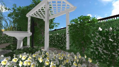 Memleketin peyzaj tasarımının 3 boyutlu görüntüsü. Bölgenin peyzajı. Birleşik peyzaj ve peyzaj çözümlerinin bilgisayar görselleştirmesi.