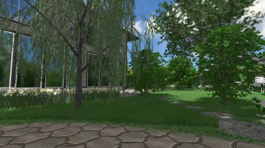 Memleketin peyzaj tasarımının 3 boyutlu görüntüsü. Bölgenin peyzajı. Birleşik peyzaj ve peyzaj çözümlerinin bilgisayar görselleştirmesi.