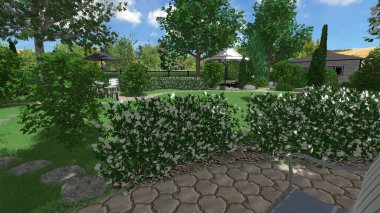 Memleketin peyzaj tasarımının 3 boyutlu görüntüsü. Bölgenin peyzajı. Birleşik peyzaj ve peyzaj çözümlerinin bilgisayar görselleştirmesi.