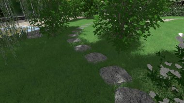 Memleketin peyzaj tasarımının 3 boyutlu görüntüsü. Bölgenin peyzajı. Birleşik peyzaj ve peyzaj çözümlerinin bilgisayar görselleştirmesi.