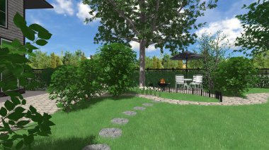 Memleketin peyzaj tasarımının 3 boyutlu görüntüsü. Bölgenin peyzajı. Birleşik peyzaj ve peyzaj çözümlerinin bilgisayar görselleştirmesi.