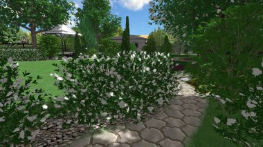 Memleketin peyzaj tasarımının 3 boyutlu görüntüsü. Bölgenin peyzajı. Birleşik peyzaj ve peyzaj çözümlerinin bilgisayar görselleştirmesi.