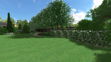 Memleketin peyzaj tasarımının 3 boyutlu görüntüsü. Bölgenin peyzajı. Birleşik peyzaj ve peyzaj çözümlerinin bilgisayar görselleştirmesi.