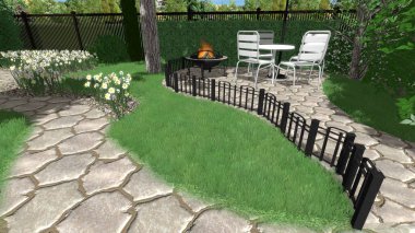 Memleketin peyzaj tasarımının 3 boyutlu görüntüsü. Bölgenin peyzajı. Birleşik peyzaj ve peyzaj çözümlerinin bilgisayar görselleştirmesi.