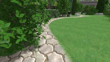 Memleketin peyzaj tasarımının 3 boyutlu görüntüsü. Bölgenin peyzajı. Birleşik peyzaj ve peyzaj çözümlerinin bilgisayar görselleştirmesi.